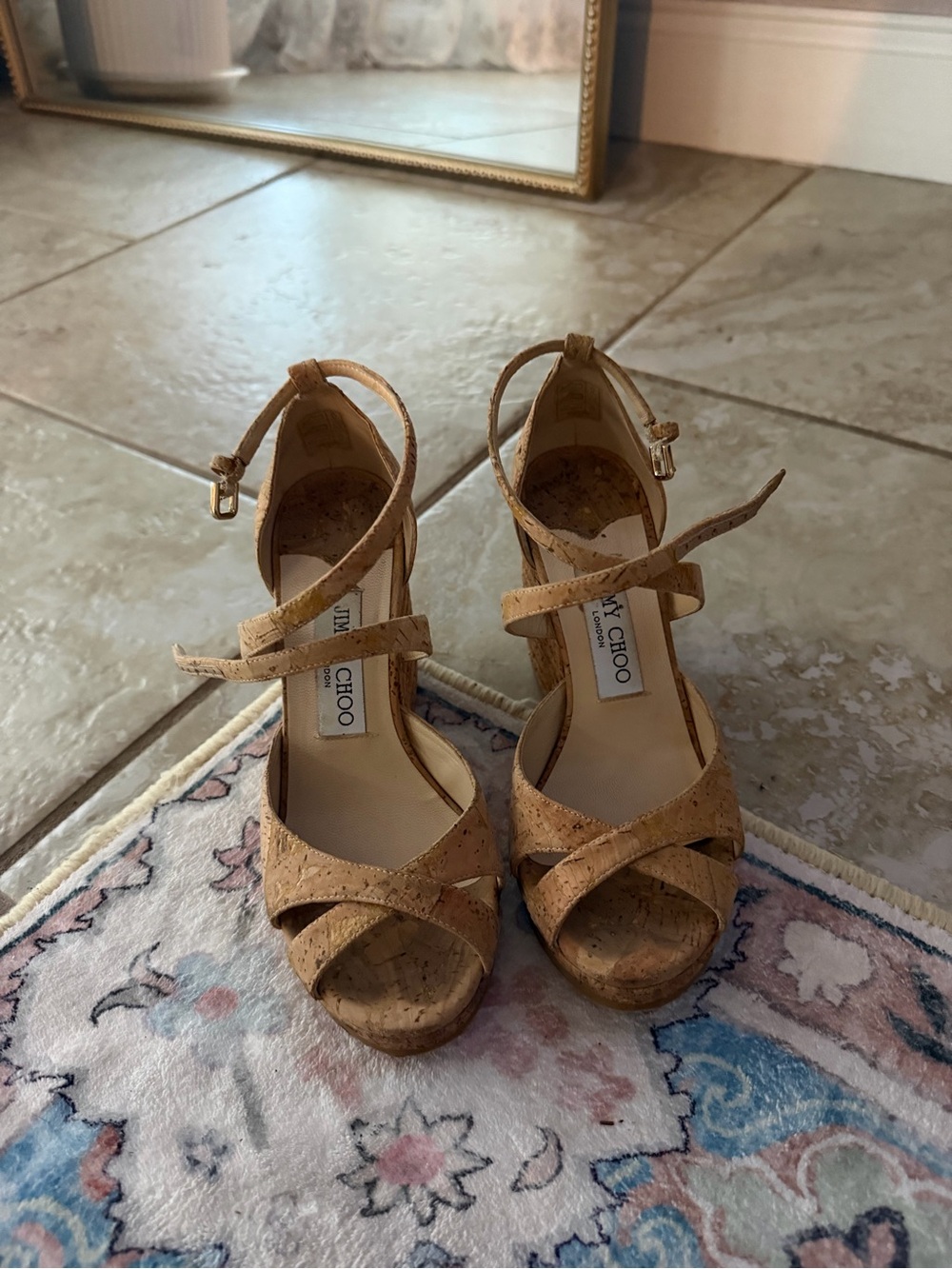 Jimmy Choo Cork Platform Sandals in Tan with Ankle Straps